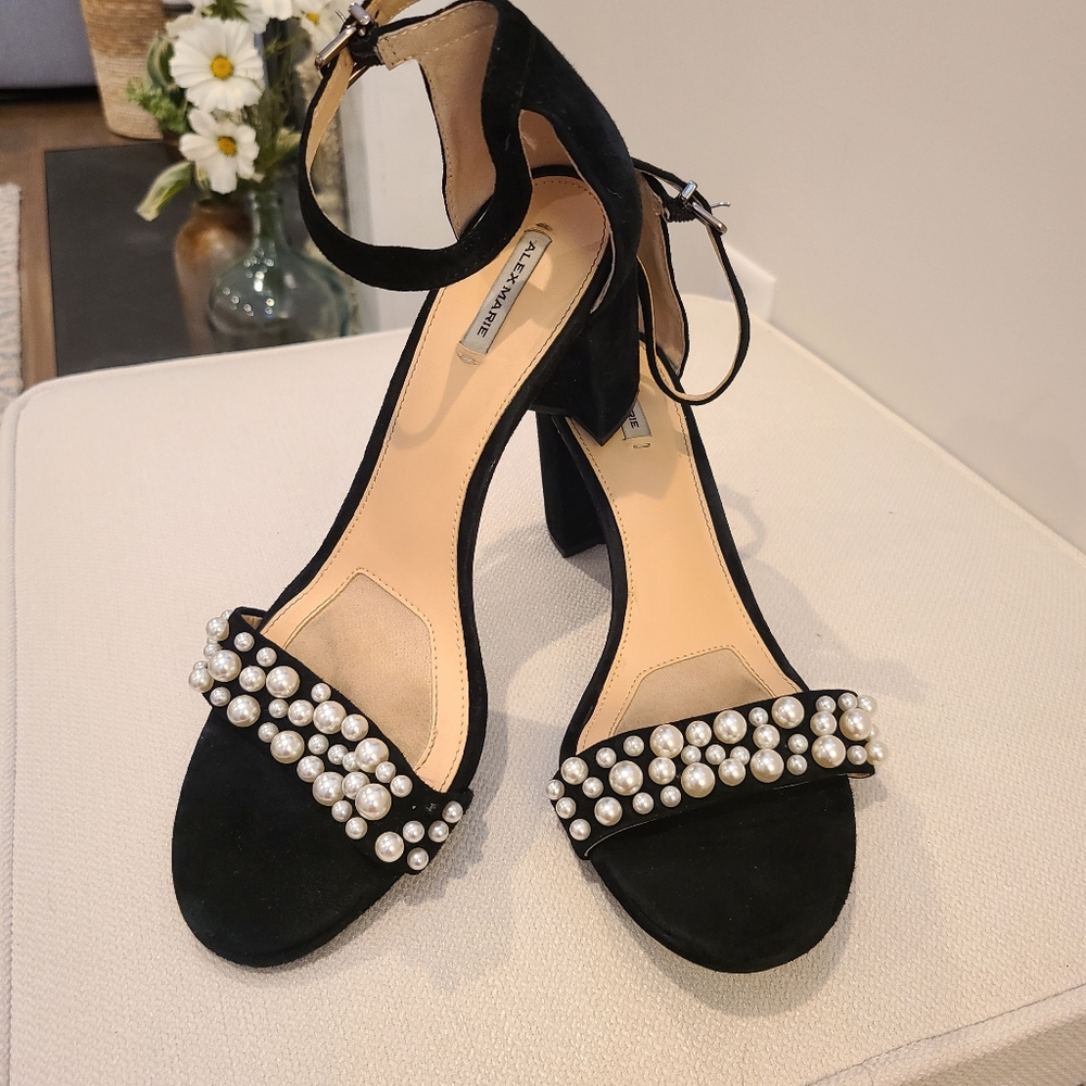 Alex Marie Open Toe Pearl Strap Velvet Wrapped Block Heel Shoes